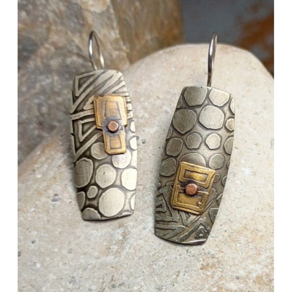 Vintage Abstract Sterling Silver Tri Tone Artisan Earrings Signed